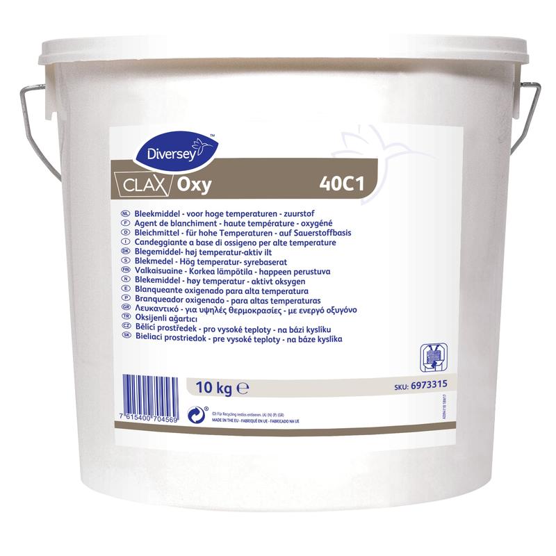 A white 10 kg bucket of Diversey Deutschland GmbH & Co. OHG Clax Oxy 40C1 oxygen bleach, with multilingual product information, metal handle, and barcode; ideal for commercial laundries and oxygen bleaching at low temperatures.