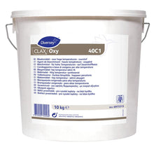 A white 10 kg bucket of Diversey Deutschland GmbH & Co. OHG Clax Oxy 40C1 oxygen bleach, with multilingual product information, metal handle, and barcode; ideal for commercial laundries and oxygen bleaching at low temperatures.