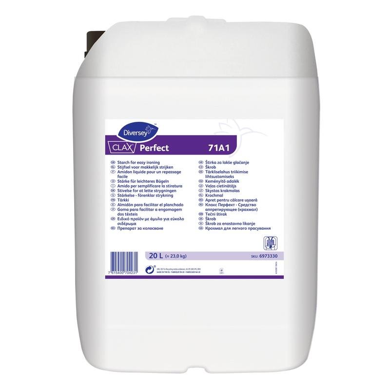 A white 20-liter plastic container labeled "Diversey Deutschland GmbH & Co. OHG Clax Perfect 71A1, Natural Liquid Starch". Ideal for professional textile cleaning; the label includes information in multiple languages and a barcode.