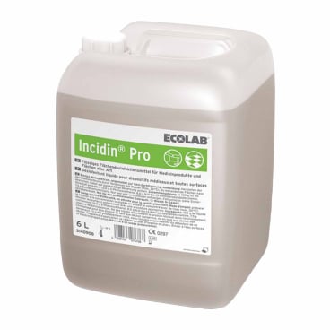 A 6-liter canister of the disinfectant Incidin Pro by Ecolab in original packaging with a white label and green and black text on a white background.