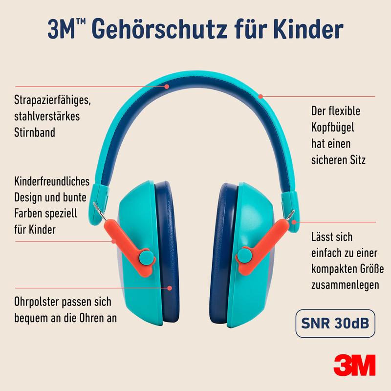 The 3M™ Kids Hearing Protection PKIDSP-TEAL-E, teal (87-98 dB) from 3M Deutschland GmbH shows a child-friendly design with a strong headband, comfortable ear cushions, and a foldable fit. 3M logo in the corner. The package contains 1 piece.