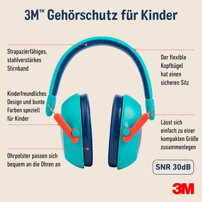 The 3M™ Kids Hearing Protection PKIDSP-TEAL-E, teal (87-98 dB) from 3M Deutschland GmbH shows a child-friendly design with a strong headband, comfortable ear cushions, and a foldable fit. 3M logo in the corner. The package contains 1 piece.