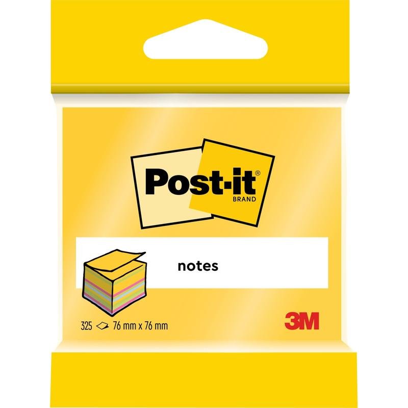 A pack of 3M Post-it® Notes cube (76x76 mm, 450 sheets/block, 100% PEFC) from 3M Deutschland GmbH is equipped with the logo, an image of stacked notes, "Notes" and a yellow packaging.