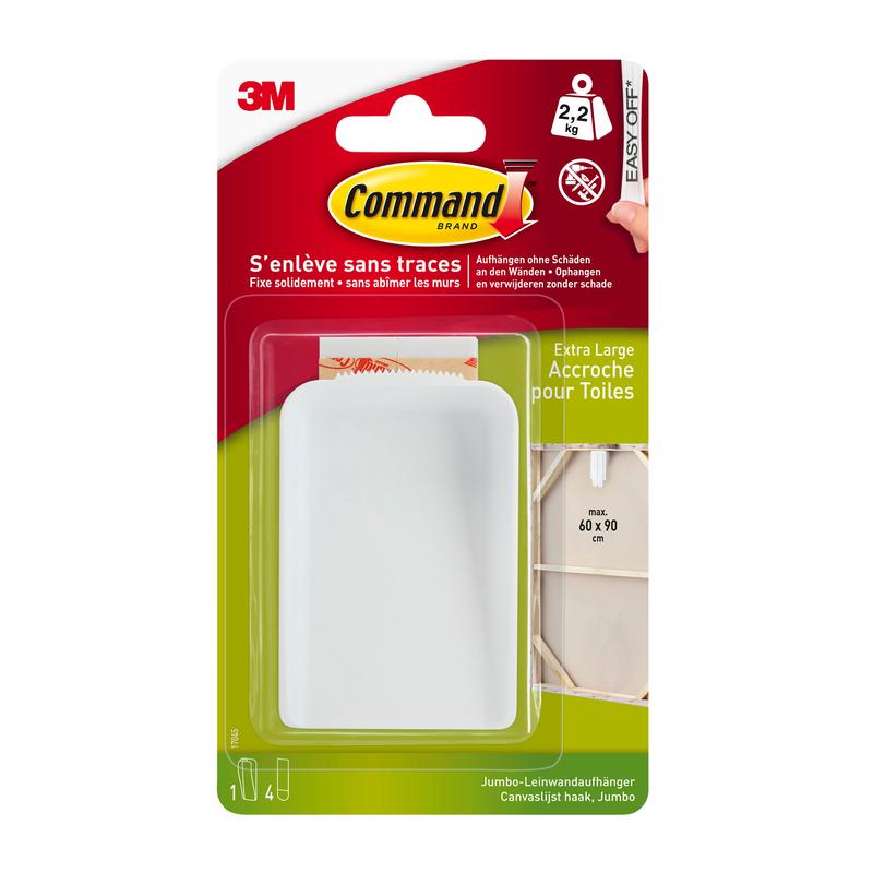 A Command™ canvas hanger from 3M Deutschland GmbH in extra-large design is shown in its packaging, which indicates a weight limit of 2.2 kg and presents product information in English and French.