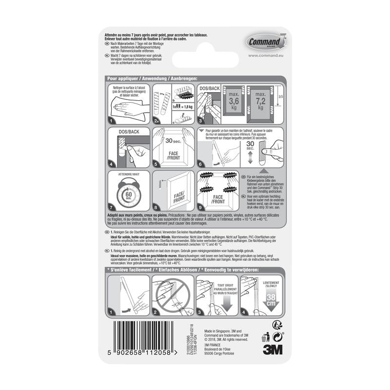The back of the pack of 3M Deutschland GmbH Large Command™ Picture Hanging Strips L, 6 sets in a value pack (17206-6) shows a pictorial step-by-step hanging guide, multilingual instructions, and a barcode at the bottom.