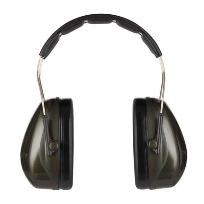 A pair of 3M™ PELTOR™ Optime™ II Ear Muffs H520A (SNR 31 dB, Green) from 3M Deutschland GmbH, with black padding and green capsules, shown from the front against a white background.