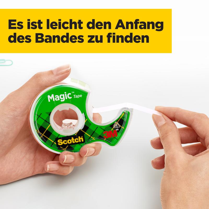 A person uses a green Scotch® Magic™ hand dispenser from 3M Deutschland GmbH to pull off a strip of invisible tape (19 mm x 25 m, 3 rolls + 1 FREE hand dispenser). The German text above reads: "It's easy to find the tape's start."