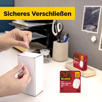 A person seals a white package on the table with Scotch® Super-Hold Secure Tape, 1 roll, 19 mm x 25.4 m from 3M Deutschland GmbH. In the background, office supplies and the packaging of the transparent tape can be seen.