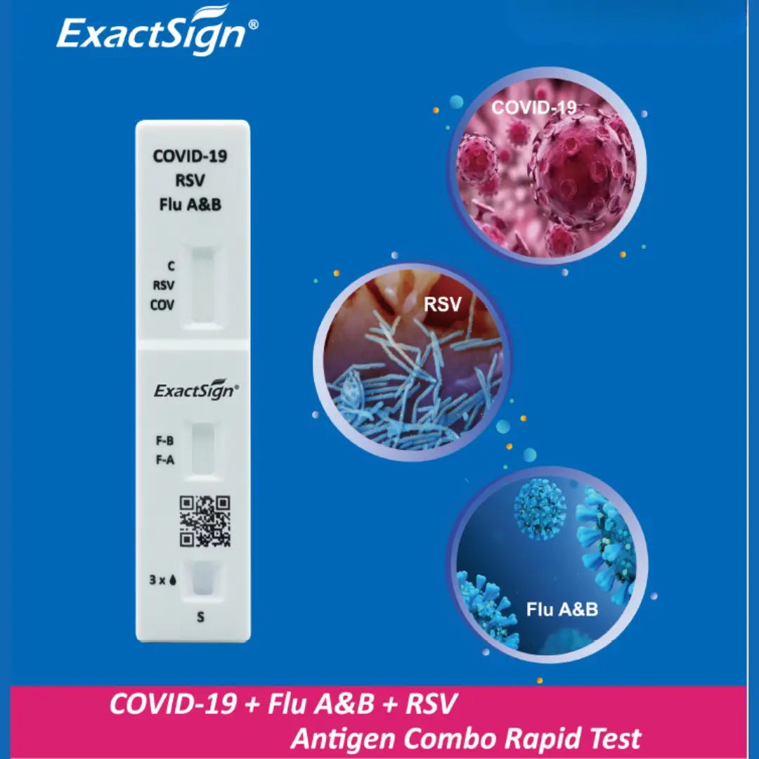 On the left is the ExactSign 4in1 Antigen Combo Rapid Test | Package (25 pieces) for COVID-19, RSV, and Flu A & B. On the right, labeled virus symbols appear on a blue background, introducing this ExactSign diagnostic product.