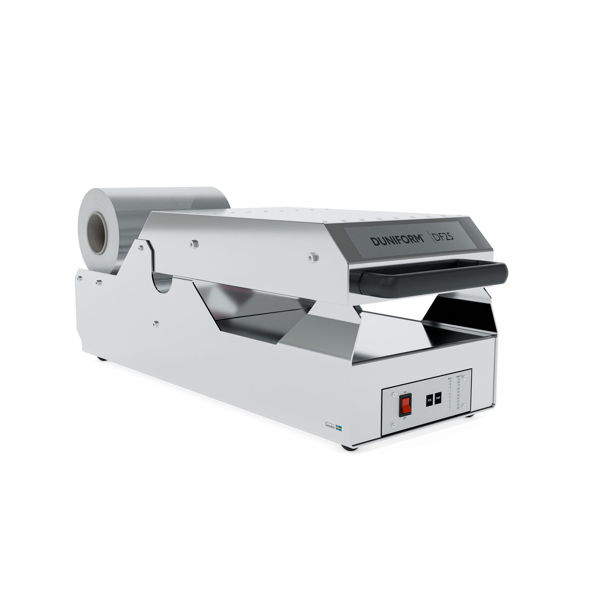 The DF25 sealing machine - semi-automatic from Duni GmbH incl. 1 cassette DF15/DF25 is shown with an attached film dispenser on a white background. The control panel with buttons and a rotary knob is visible on the front right.