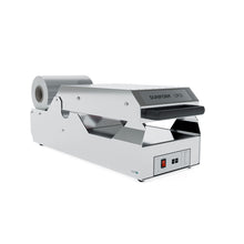 The DF25 sealing machine - semi-automatic from Duni GmbH incl. 1 cassette DF15/DF25 is shown with an attached film dispenser on a white background. The control panel with buttons and a rotary knob is visible on the front right.