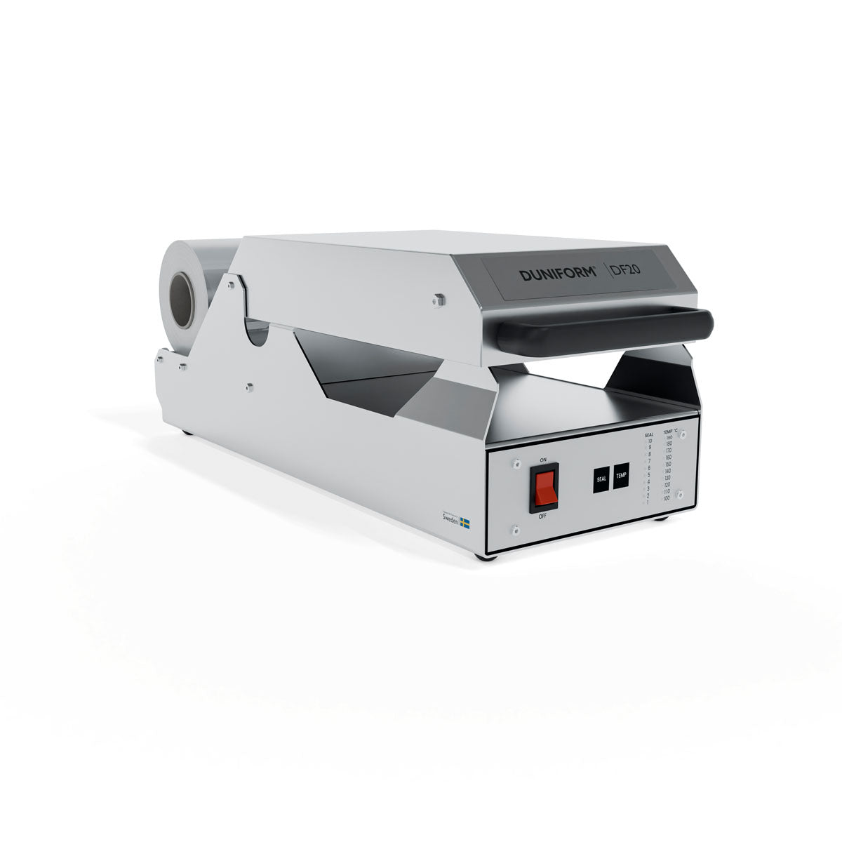 The DF20 sealing machine - semi-automatic including 1 cassette DF10/DF20 from Duni GmbH, with digital control and black handle, is ideal for sealing packages and is ready for closing food trays.