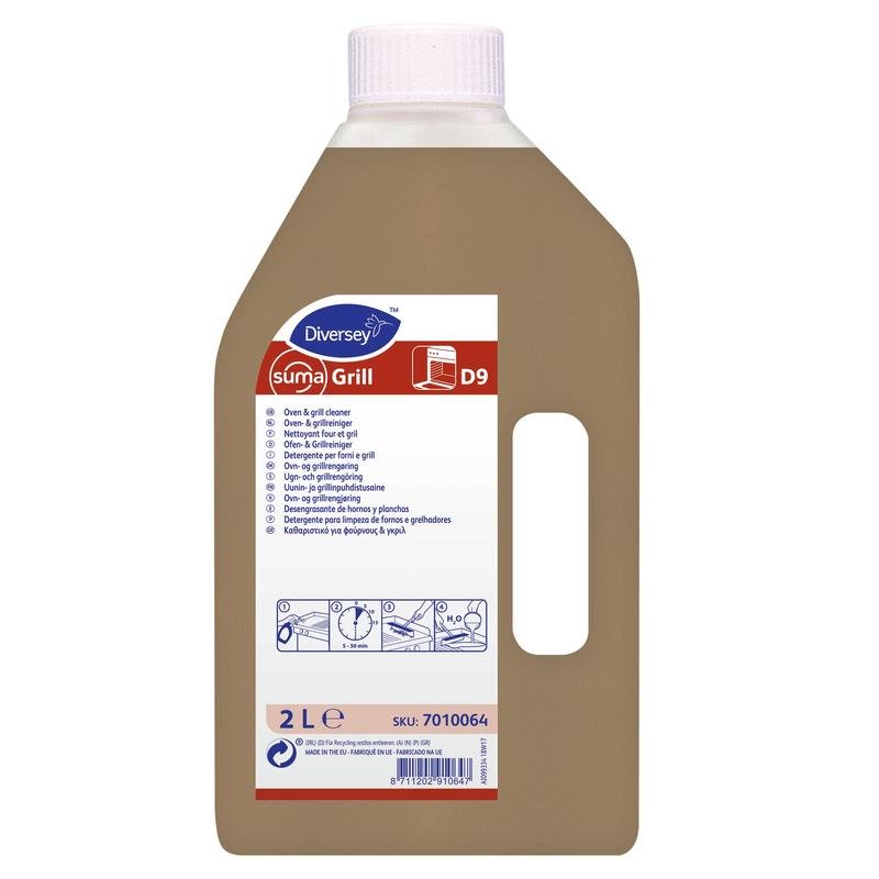 A 2-liter plastic bottle of Suma Grill D9 oven and grill cleaner from Diversey Deutschland GmbH & Co. OHG, with a white cap and a label containing product information, instructions, application diagrams, and notes for effective grease removal.