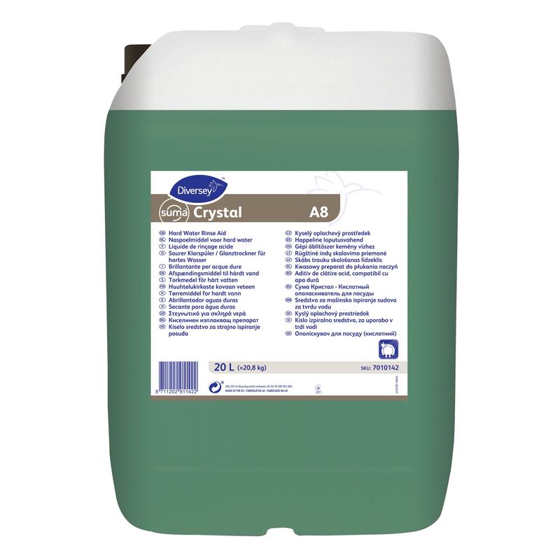 A 20-liter plastic container of Suma Crystal A8, Acidic Rinse Aid from Diversey Deutschland GmbH & Co. OHG with a white lid and multilingual label with product details and instructions for commercial dishwashers.