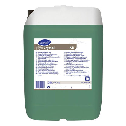 A 20-liter plastic container of Suma Crystal A8, Acidic Rinse Aid from Diversey Deutschland GmbH & Co. OHG with a white lid and multilingual label with product details and instructions for commercial dishwashers.