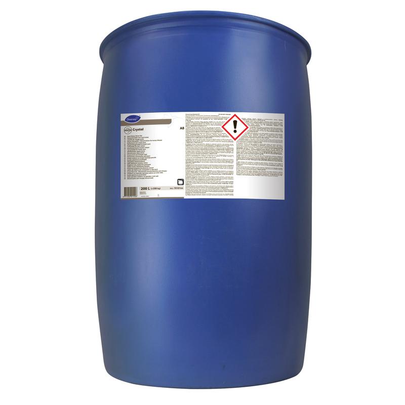 A large blue plastic drum with Suma Crystal A8, Acidic Rinse Aid from Diversey Deutschland GmbH & Co. OHG stands upright against a white background, with a label featuring text, symbols, and a warning symbol.