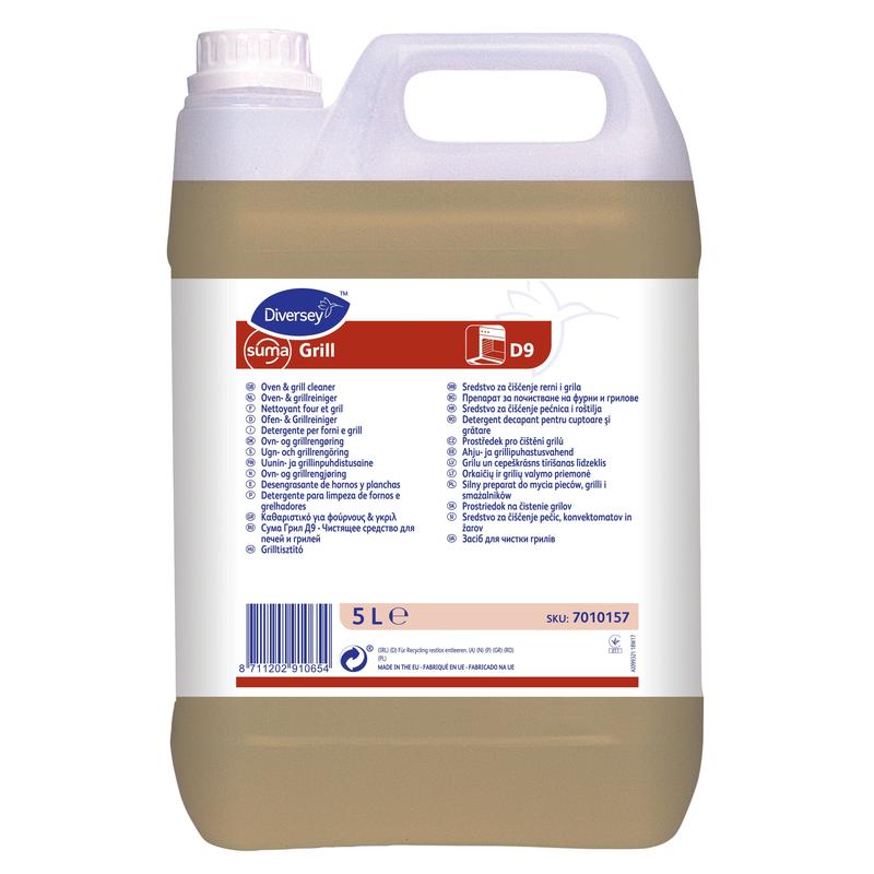 A 5-liter plastic container of Suma Grill D9 oven and grill cleaner from Diversey Deutschland GmbH & Co. OHG with a white label and multilingual instructions; the light brown liquid is ideal for effective grease removal.