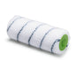 Close-up of the Nölle Profi Brush paint roller Nylon 18 cm with 13 mm pile height, white fabric with thin black stripes and green core, by Nölle Profi Brush brush & paintbrush technology e.K., against a white background.