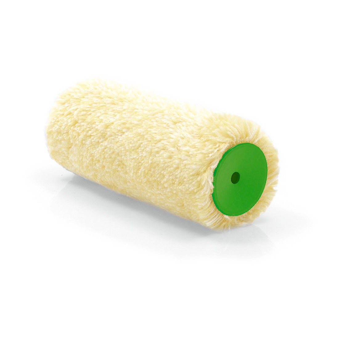 The Nölle Profi Brush Jumbo Roller Goldflor 18 cm / Ø 56 mm, a cream-colored roller sleeve with a green core from Nölle Profi Brush Bürsten- & Pinseltechnik e.K., is ideal for professional painting work and is shown on a white background.