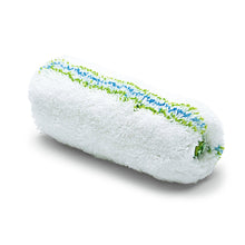 The Nölle Profi Brush Meisterflor Universal Roller (Ø 44 mm, pile height 18 mm) from Nölle Profi Brush Bürsten- & Pinseltechnik e.K. is a white paint roller cover with blue and green stripes, which is perfect for painting work and is newly depicted on a plain white background.