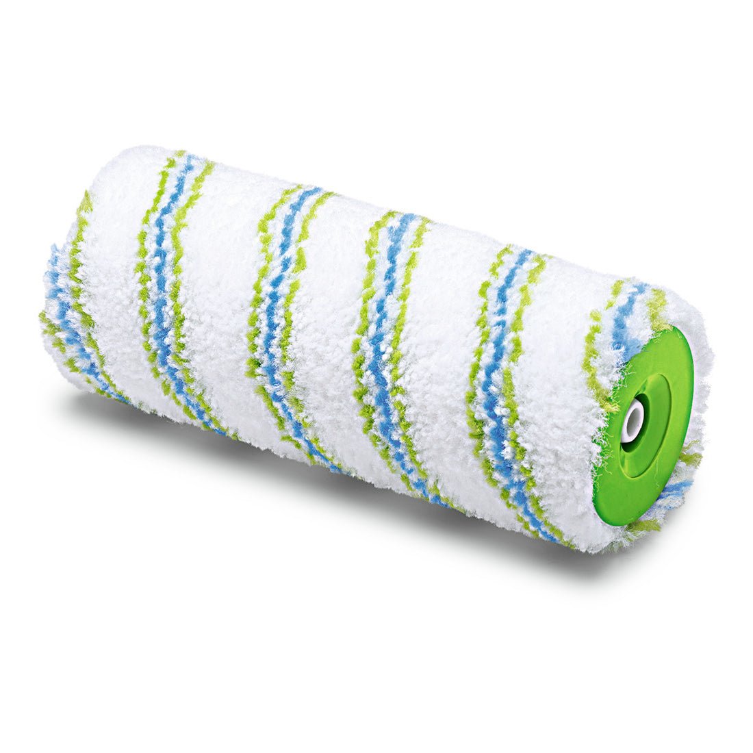 The Nölle Profi Brush Meisterflor Jumbo Roller Ø 55 mm from Nölle Profi Brush Bürsten- & Pinseltechnik e.K. is a fluffy white paint roller cover with blue and green stripes, ideal for wall paints and professional painters. Green plastic core visible at one end.