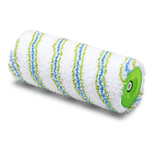 The Nölle Profi Brush Meisterflor Jumbo Roller Ø 55 mm from Nölle Profi Brush Bürsten- & Pinseltechnik e.K. is a fluffy white paint roller cover with blue and green stripes, ideal for wall paints and professional painters. Green plastic core visible at one end.