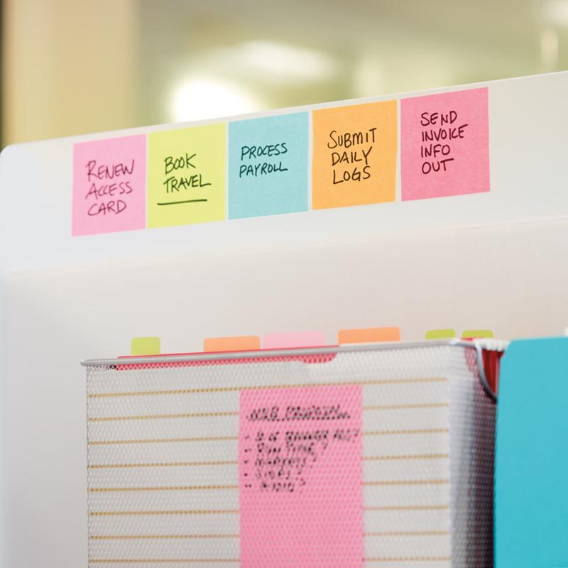 A series of colorful 3M Post-it® Sticky Notes Cubes, Ultra Colors, 76x76 mm, list tasks like "renew access card" and "send out invoice info" on a divider sheet. Below, file folders with tabs are visible. A pack contains 450 PEFC-certified sheets per block.