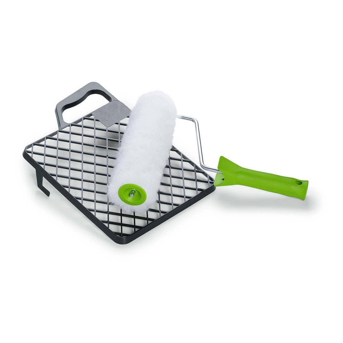 A paint roller with a green handle and a metal grid from Nölle Profi Brush Bürsten- & Pinseltechnik e.K. DIY Vestan paint roller set, 20 mm pile height, is the perfect professional tool for smooth wall and surface painting.