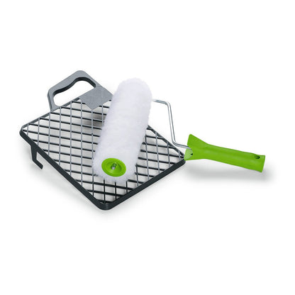 A paint roller with a green handle and a metal grid from Nölle Profi Brush Bürsten- & Pinseltechnik e.K. DIY Vestan paint roller set, 20 mm pile height, is the perfect professional tool for smooth wall and surface painting.