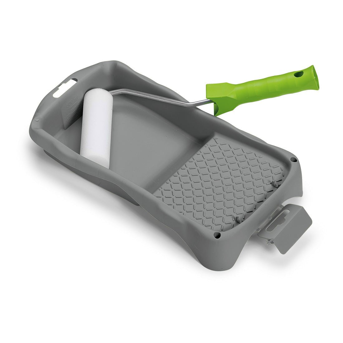 Gray paint tray with textured surface and small white roller with green handle, ideal for professional painting work or for use with the Nölle Profi Brush painting set, 10 cm round brush from Nölle Profi Brush Bürsten- & Pinseltechnik e.K.