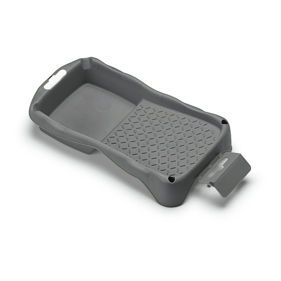 The Nölle Profi Brush Mini Paint Tray (12 x 22 cm) from Nölle Profi Brush Bürsten- & Pinseltechnik e.K. is a gray paint tray made of regranulate with raised edges, a textured surface, molded handles, and a removable spout.