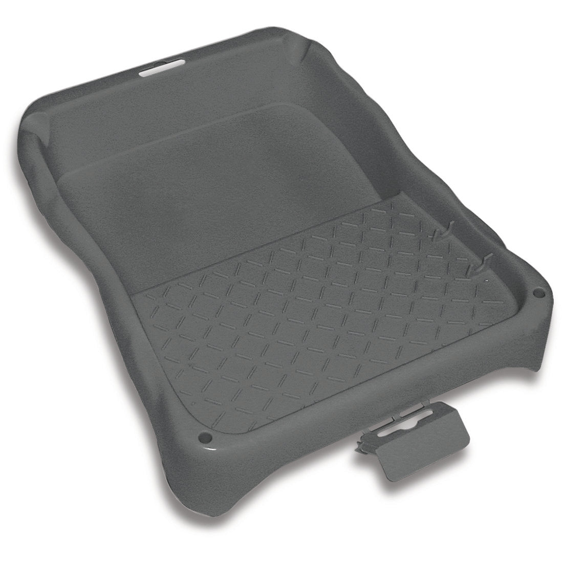 The Nölle Profi Brush paint tray 27 x 36 cm made from regranulate by Nölle Profi Brush Bürsten- & Pinseltechnik e.K. is robust, black, with a textured diamond pattern and a small rectangular closure at the front edge - ideal for painting work.