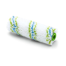 The Nölle Profi Brush Meisterflor Small Area Roller 10 cm / Ø 17 mm by Nölle Profi Brush Brush & Paint Technology e.K. features blue and green stripes with a green plastic core on a solid white background.