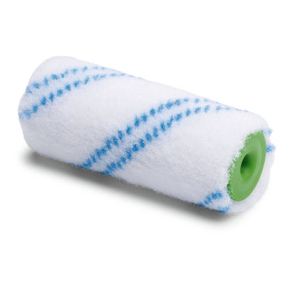 The Nölle Profi Brush combination roller nylon 10 cm from Nölle Profi Brush Brush & Paint Technology e.K. with its blue diagonal stripes and green core is the ideal painting tool for even, efficient painting on white surfaces.