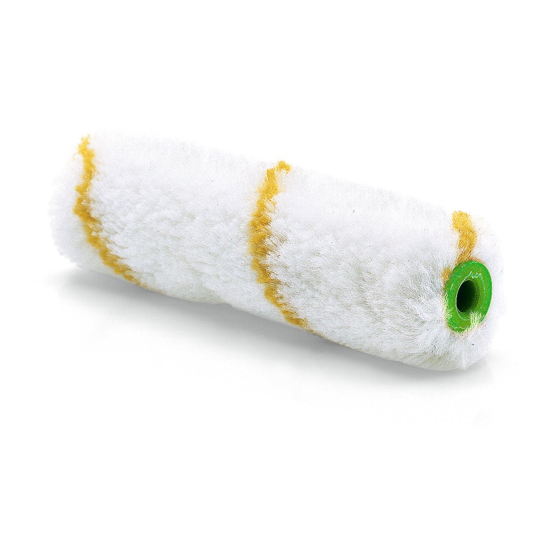 The Nölle Profi Brush small area roller Gelbfaden pile height 12 mm is a white paint roller cover with two yellow stripes and a green plastic core, from Nölle Profi Brush Bürsten- & Pinseltechnik e.K., depicted on a white background.