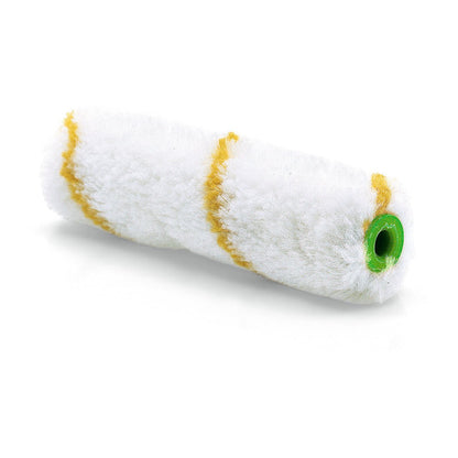 The Nölle Profi Brush small area roller Gelbfaden pile height 12 mm is a white paint roller cover with two yellow stripes and a green plastic core, from Nölle Profi Brush Bürsten- & Pinseltechnik e.K., depicted on a white background.