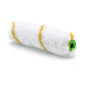 The Nölle Profi Brush small area roller Gelbfaden pile height 12 mm is a white paint roller cover with two yellow stripes and a green plastic core, from Nölle Profi Brush Bürsten- & Pinseltechnik e.K., depicted on a white background.