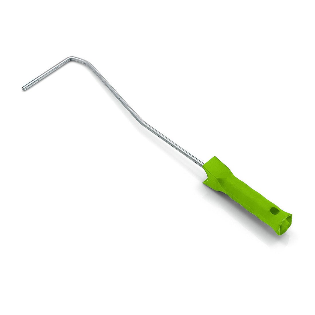 The Nölle Profi Brush small roller frame system 6 mm from Nölle Profi Brush Bürsten- & Pinseltechnik e.K. is depicted without a roller, with a metal frame and green plastic handle for precise painting on a white background.