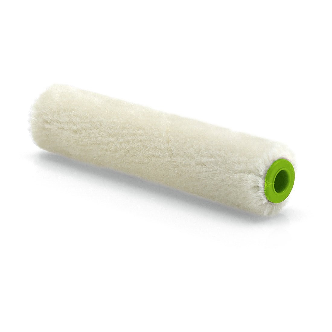 The Nölle Profi Brush Velour Paint Roller 10 cm, Ø 17 mm, 4 mm pile height from Nölle Profi Brush Brush & Paint Technology e.K. is a white paint roller cover with a fluffy texture and green core, ideal for smooth surfaces.