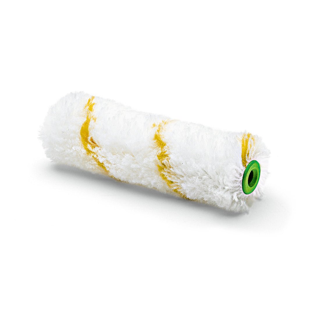 A Nölle Profi Brush small area roller Gelbfaden pile height 12 mm from Nölle Profi Brush Bürsten- & Pinseltechnik e.K. with yellow stripes and a green plastic core lies on a plain white surface.