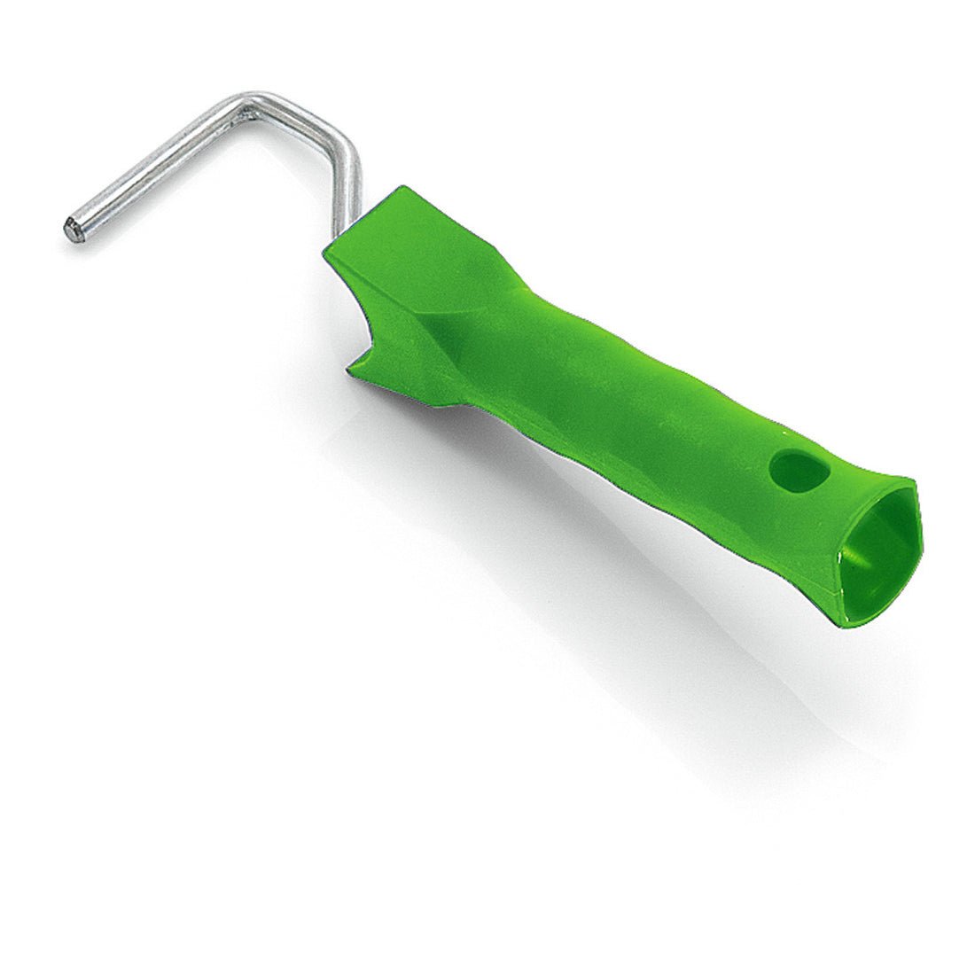 The Nölle Profi Brush small roller frame system 6 mm from Nölle Profi Brush Bürsten- & Pinseltechnik e.K. has a green plastic handle and an L-shaped metal rod, depicted on a white background.