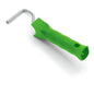 The Nölle Profi Brush small roller frame system 6 mm from Nölle Profi Brush Bürsten- & Pinseltechnik e.K. has a green plastic handle and an L-shaped metal rod, depicted on a white background.