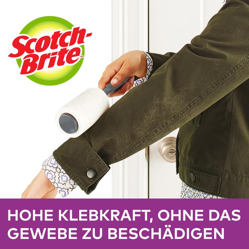 A person uses the Scotch-Brite™ Pet Extra Sticky* Roller for pet hair, 48 sheets, 1/package by 3M Deutschland GmbH on the sleeve of a dark green jacket. Below it says: "HIGH ADHESION, WITHOUT DAMAGING THE FABRIC."