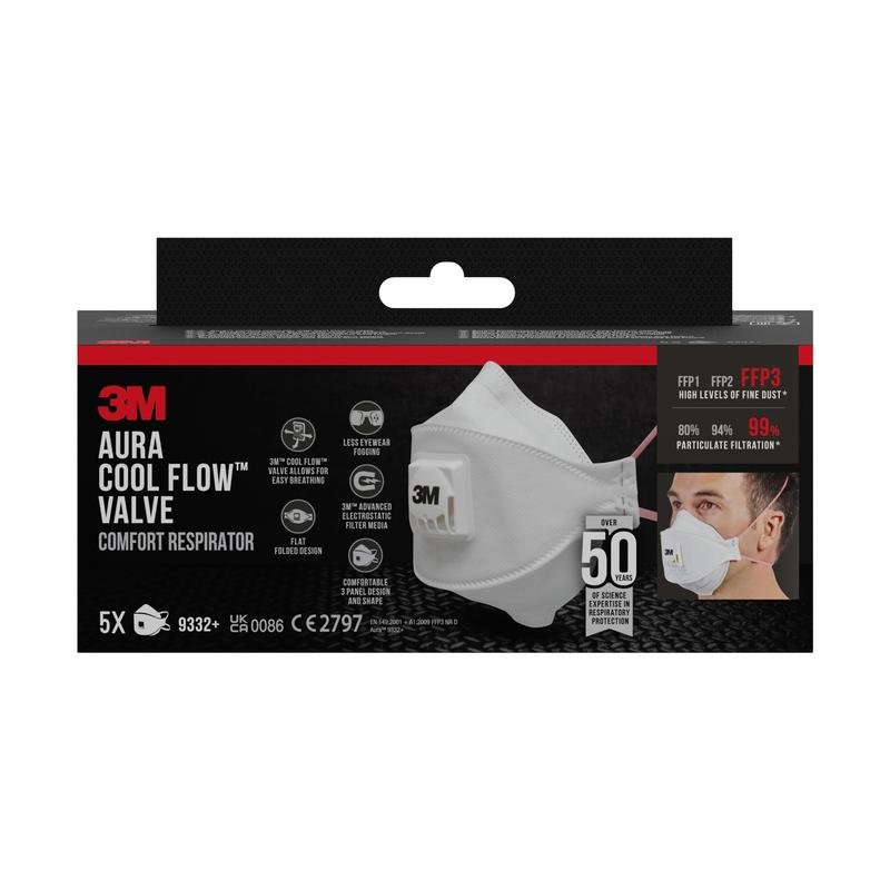 A package of 3M™ Aura™ Comfort Cool Flow™ Particulate Respirator 9332+ from 3M Deutschland GmbH, FFP3-certified with valve, depicted with product and wearer images. The box contains 5 masks per package with a filtration efficiency of up to 99%.