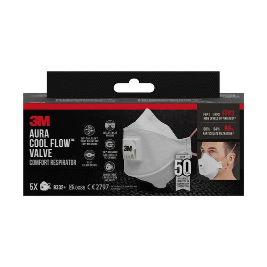 A package of 3M™ Aura™ Comfort Cool Flow™ Particulate Respirator 9332+ from 3M Deutschland GmbH, FFP3-certified with valve, depicted with product and wearer images. The box contains 5 masks per package with a filtration efficiency of up to 99%.