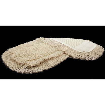 Two beige TASKI Multi Mop Special mop heads from Diversey Deutschland GmbH & Co. OHG with fringed edges and textured surface on a black background – ideal for professional, effective cleaning (5 piece pack).