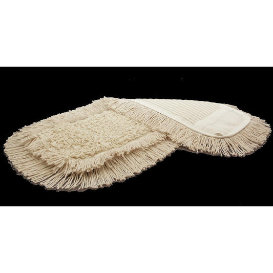 Two beige TASKI Multi Mop Special mop heads from Diversey Deutschland GmbH & Co. OHG with fringed edges and textured surface on a black background – ideal for professional, effective cleaning (5 piece pack).