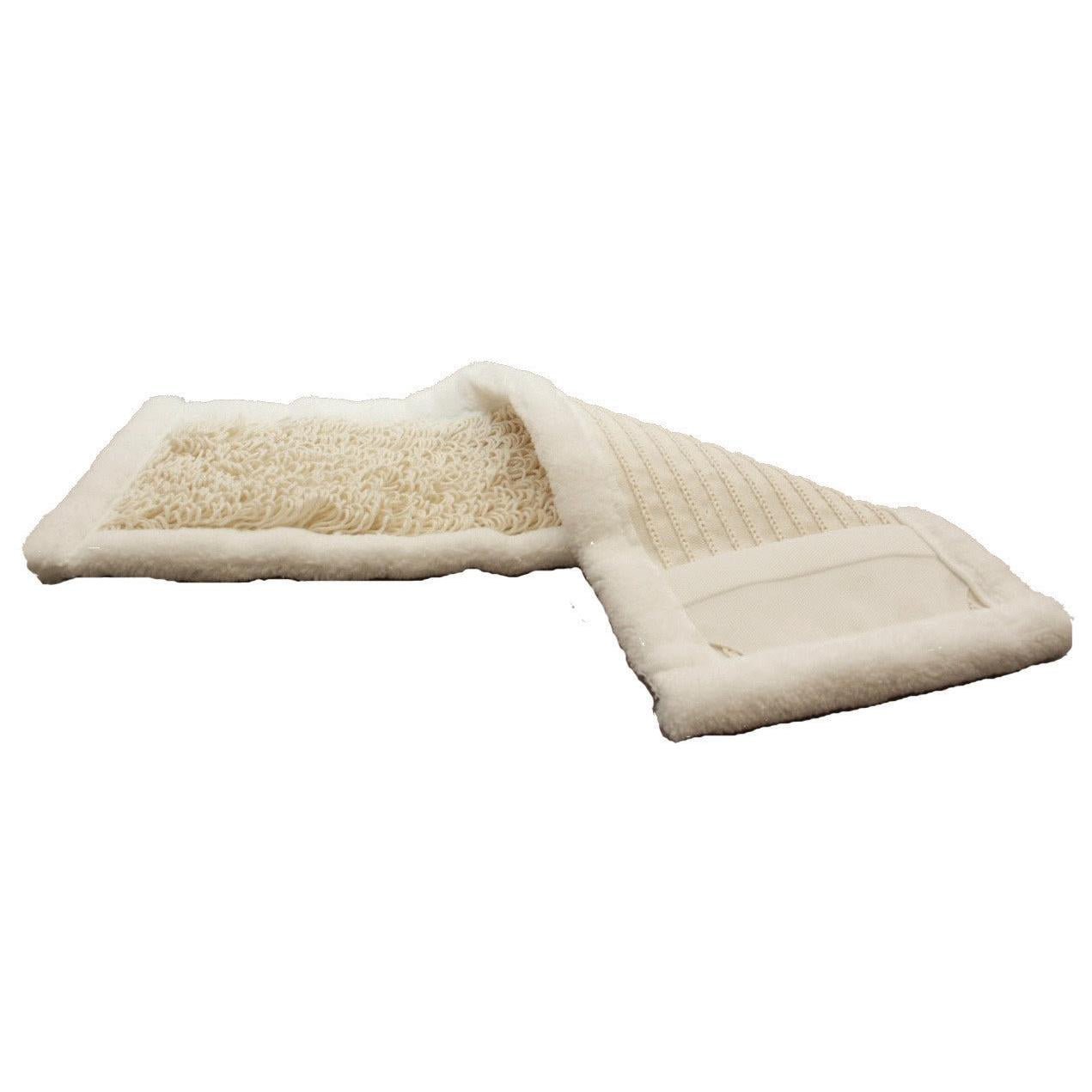 A white rectangular cleaning textile with outer microfiber edges and an inner side made of a cotton/polyester blend, loop-pile tufted for optimal dirt absorption and glide capability, compatible with TASKI Multimop Combi 50 from Diversey Deutschland GmbH & Co. OHG.