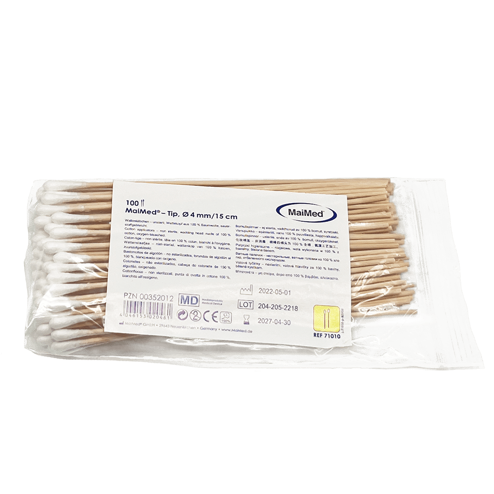 MaiMed - Tip non-sterile cotton swab, 15 cm long, wooden stick | Pack (100 pieces)