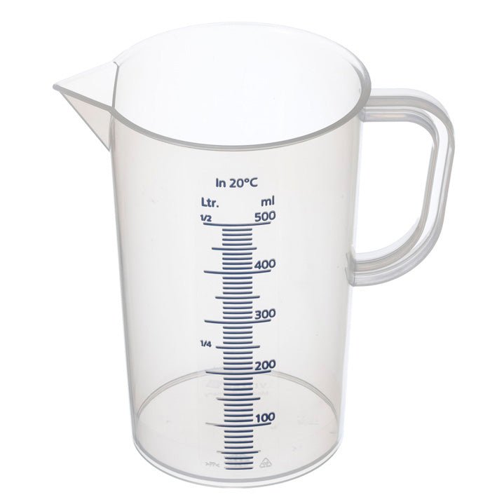 The plastic measuring cup from Diversey Deutschland GmbH & Co. OHG holds 0.5L and features a handle, spout, and a blue scale for precise measurement in liters/milliliters up to 500 ml. Package: 1 piece.
